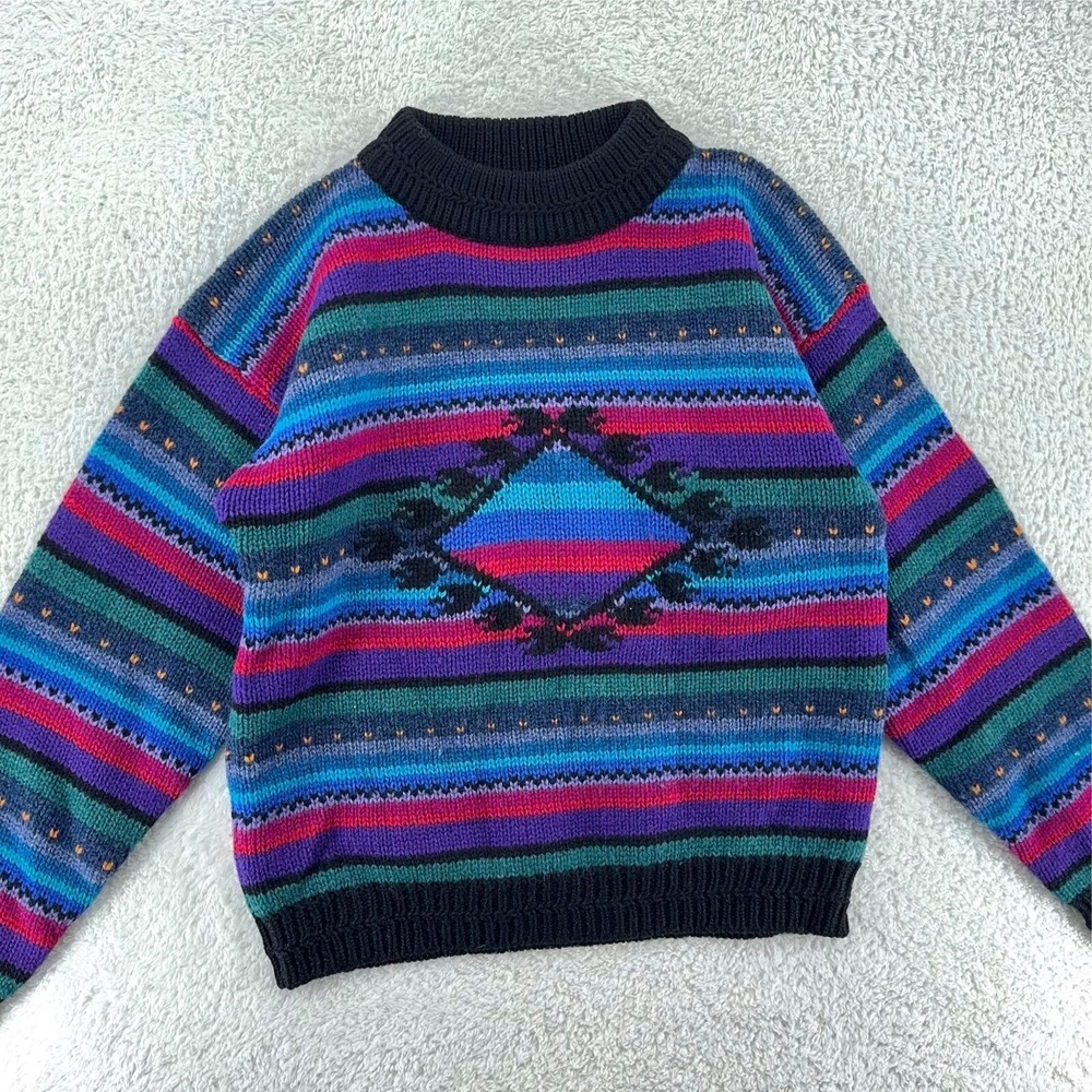 vtg WOOLRICH WOMAN WOOL FAIR ISLE STRIPED KNIT SWEATER Fits MEDIUM Cottagecore